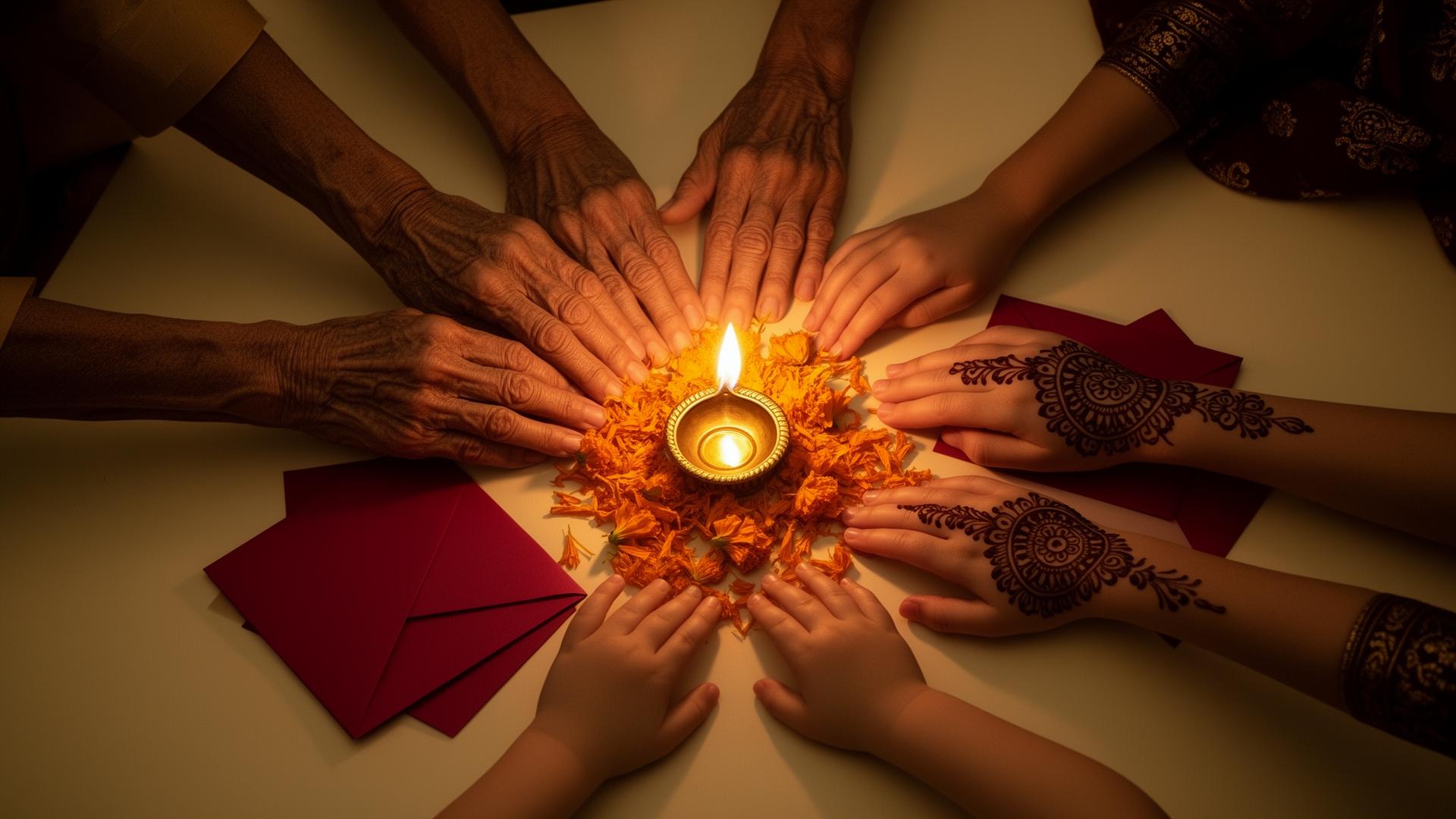 Multiple generations of hands gathered around a glowing brass diya, marigold petals, and red envelopes